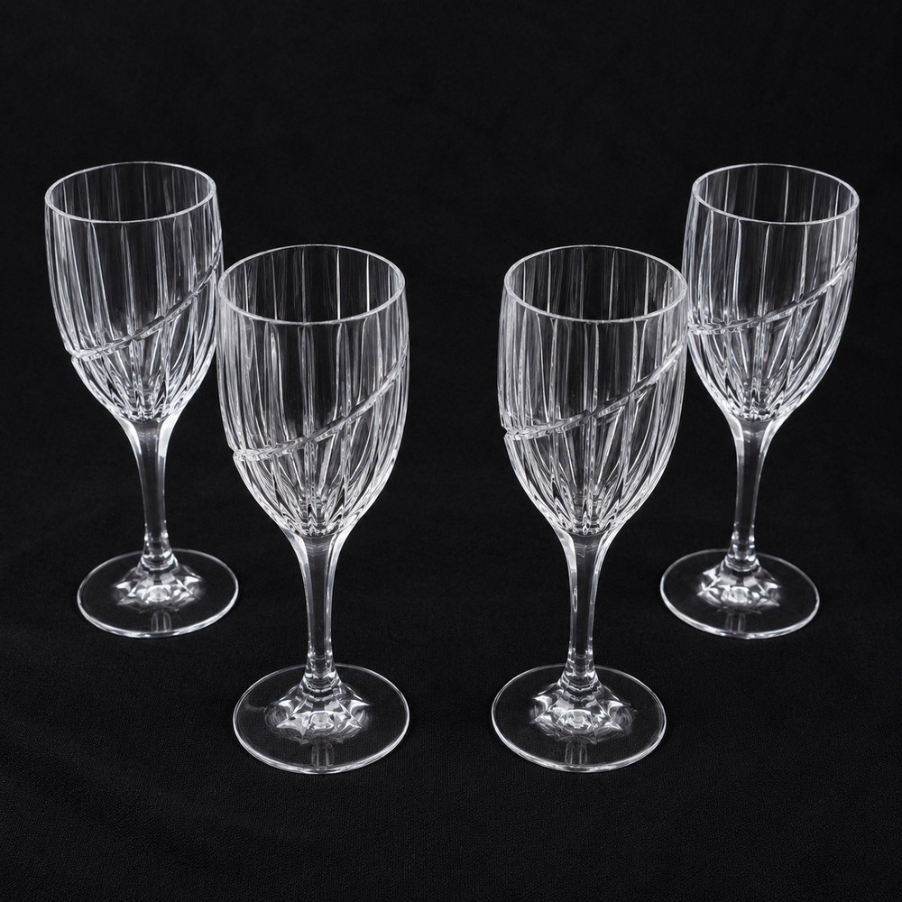 Mikasa‎ Uptown Crystal Water Wine Goblets Set of 4 Clear Vertical Swirl Cut 9in